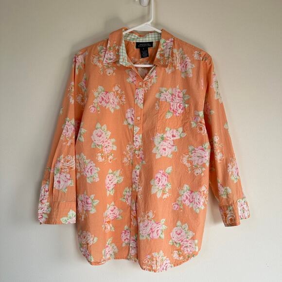 Jones New York Signature Tops - Jones New York Signature Shirt Floral Button Front 3/4 Sleeves Orange Womens L